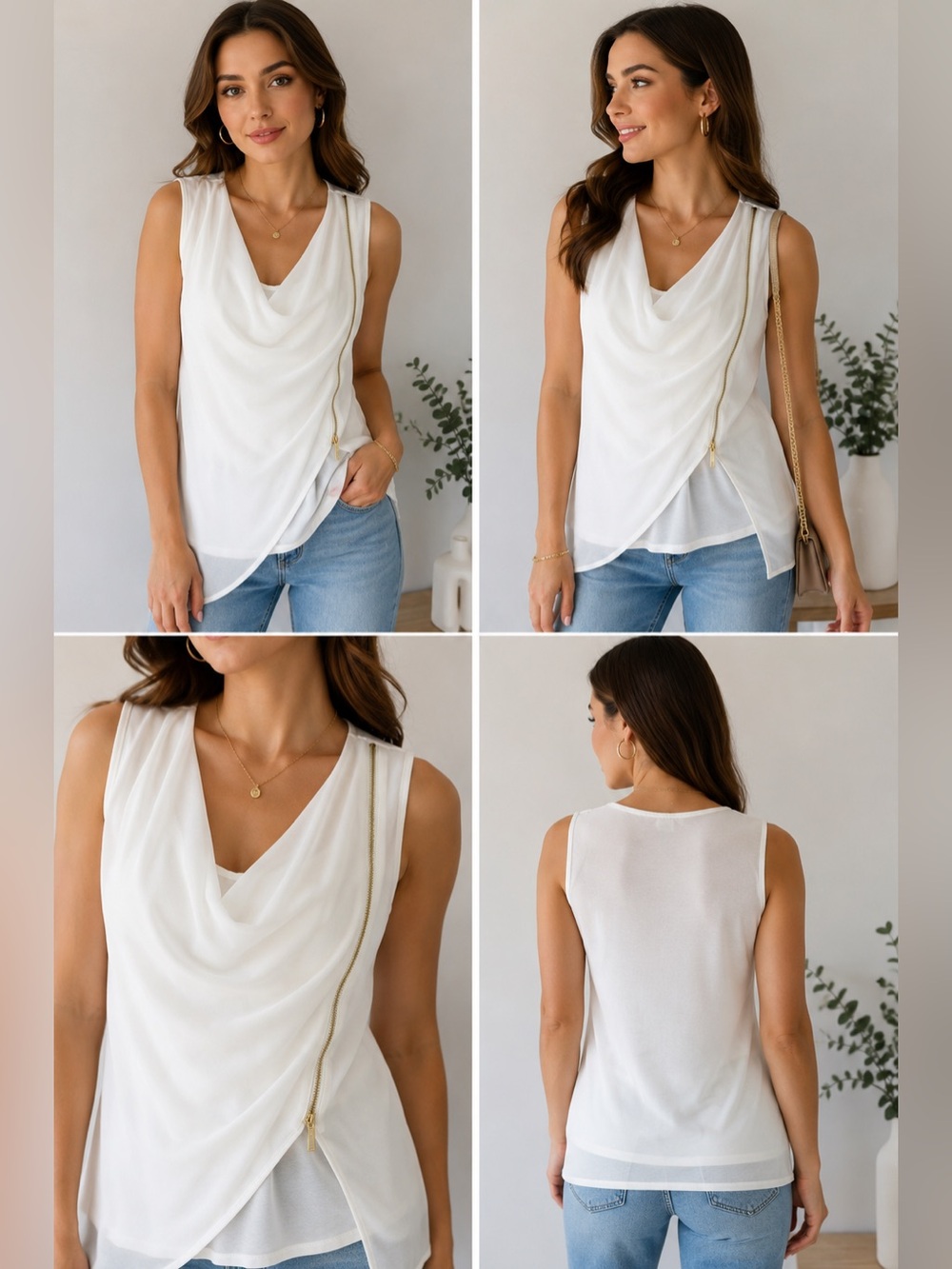 MICHAEL Michael Kors White Draped Zip Front Sleeveless Blouse Top Medium